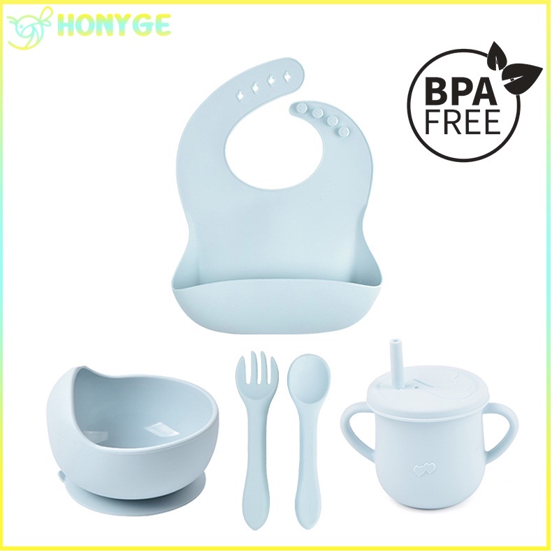 Premium Baby Bibs 6 Pcs Tempat Makan Silicon SUCTION Dengan Bib Peralatan Makan Anak Murah Tableware Silikon Anak Import Bib Gelas Mangkok Piring Silicone