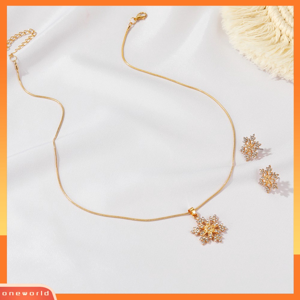 [WONE] 1set Ear Studs Glitter Anti Alergi Temperamen Elegan Bentuk Snowflake Berlian Imitasi Anting Kalung Perhiasan Aksesori
