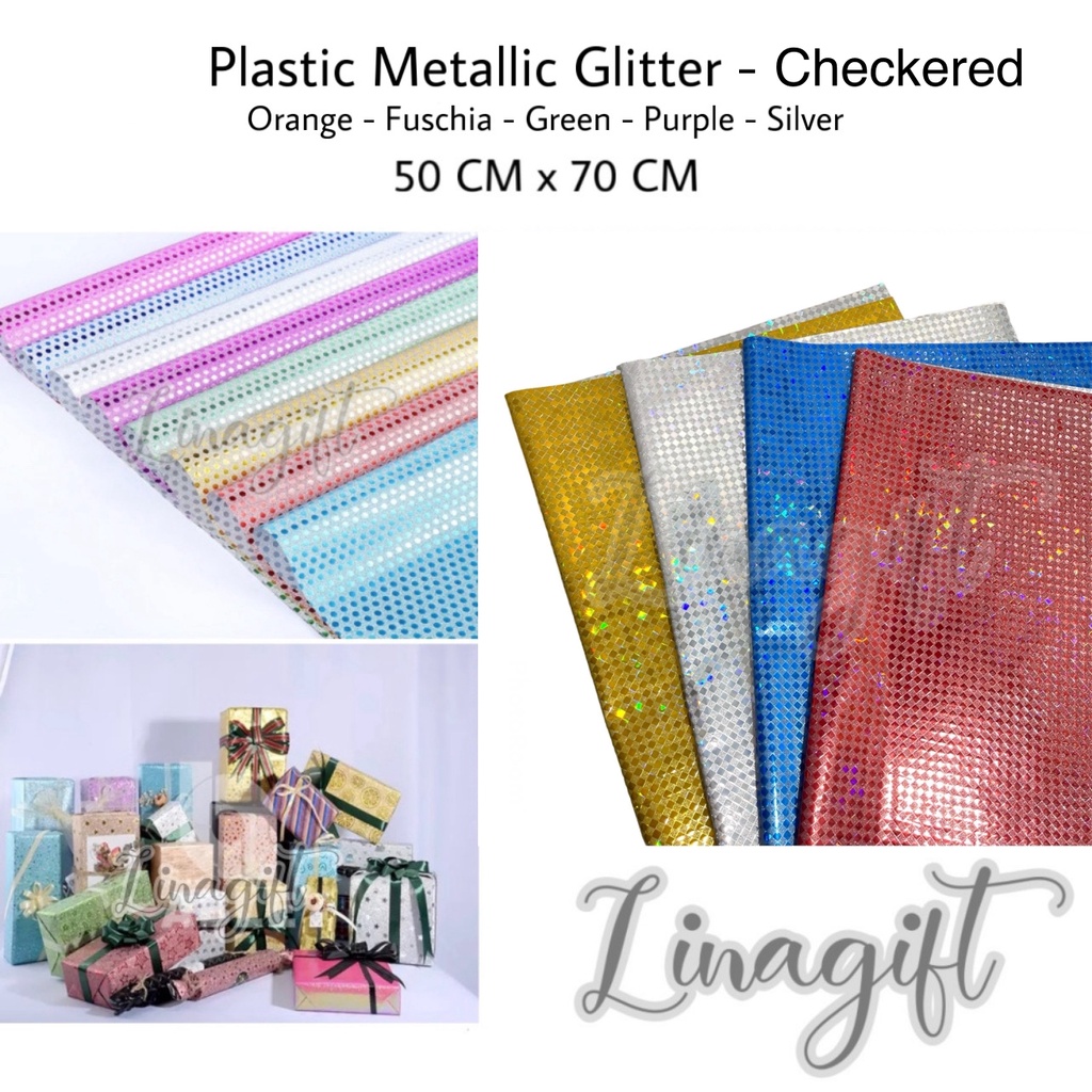 ( 3 Lembar ) PLASTIC METALLIC GLITTER CHECKERED - KERTAS KADO PLASTIK METALIK GLITER EXCLUSIVE EMBOS BICOLOR KOTAK PLAID TEXTURE PLASTIC METALIC EKSCLUSIF DOUBLE COLOR SIDED 2 SISI WARNA