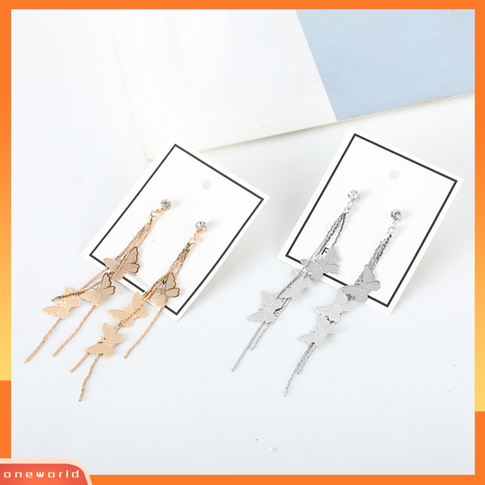 [WONE] Fashion Wanita Kupu-Kupu Rumbai Panjang Menjuntai Berlian Imitasi Stud Earrings Jewelry