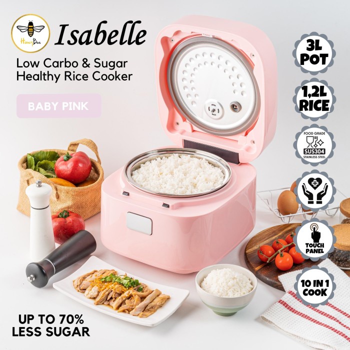 {OkaStore} Honeybee Isabelle - Low Carbo  Sugar Digital Rice Cooker 3L/1.2L Nasi - Baby Pink Limited