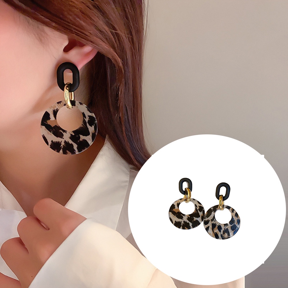 Fashion Leopard Print Berlebihan Kepribadian Resin Anting Tindik Temperamen Geometris Anting Perhiasan