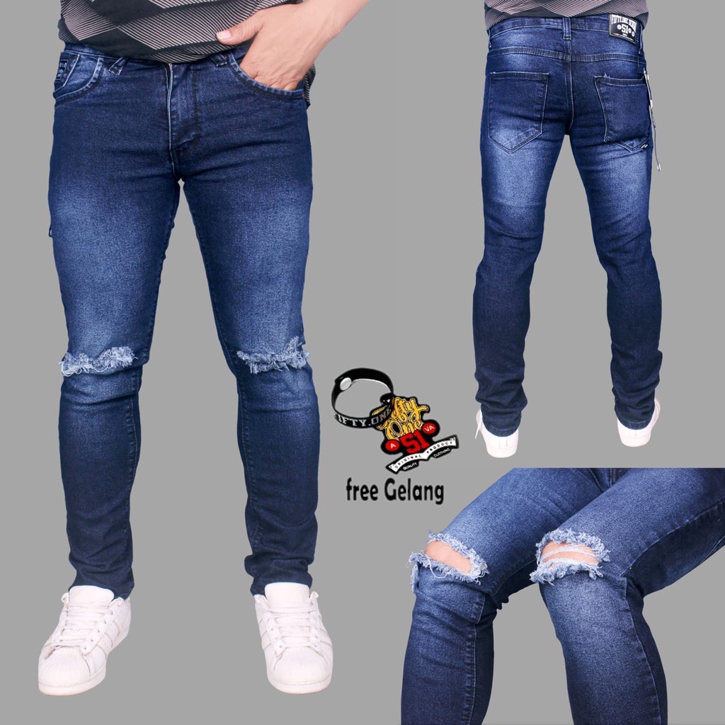 celana jeans sobek lutut / jeans pria sobek / jeans slimfit pria / jeans strech pria / jeans panjang pria sobek