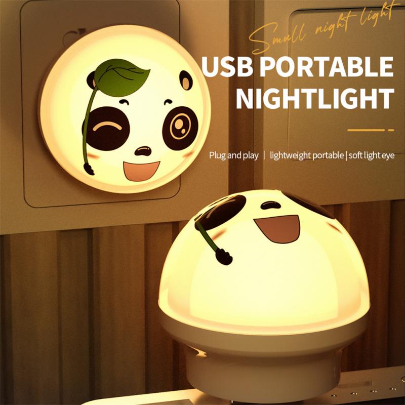 Colokan USB Lampu Malam LED Mini Ekspresi Panda Lampu Perlindungan Mata Darurat Portabel Rumah Tangga Kamar Tidur Pencahayaan Indoor