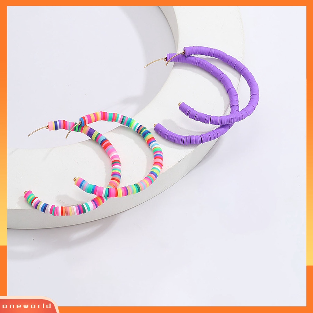 [WONE] 1pasang All-match Wanita Warna Pelangi Polymer Clay Bohemian Hoop Stud Earring Untuk Outdoor