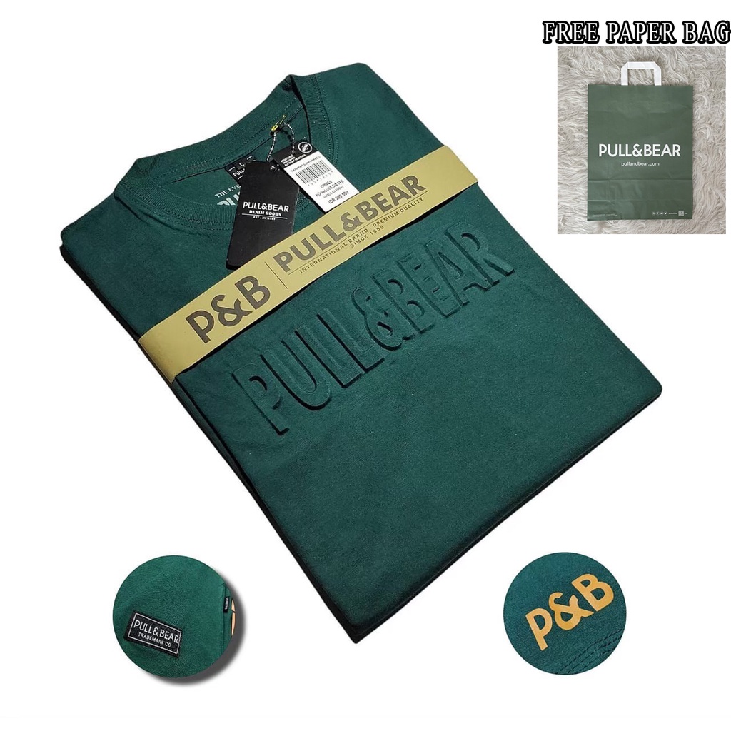 {FREE PAPER BAG} T-Shirt Baju Kaos Pull &amp; Bear Sablon Timbul - Embos Hijau  Premium Quality