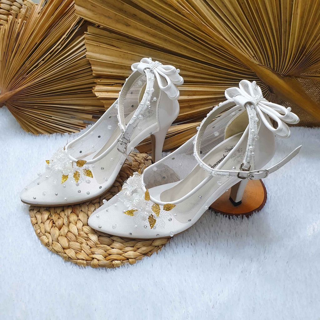 Sepatu wedding cantik Ayyara putih tali pita cantik hak 9 cm