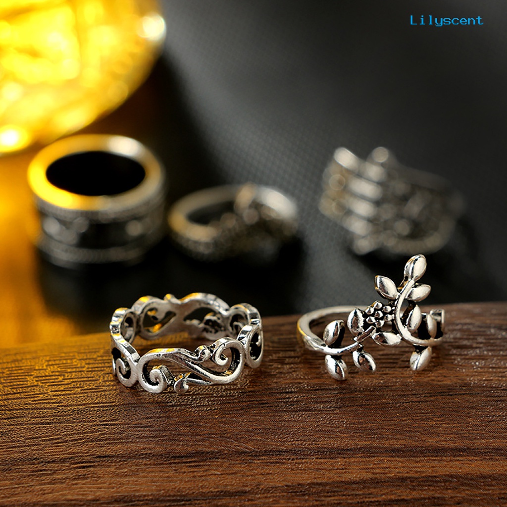 [LS]9 Pcs Diukir Bunga Dapat Ditumpuk Knuckle Rings Warna Perak Bohemia Berongga Jari Cincin Aksesori Perhiasan