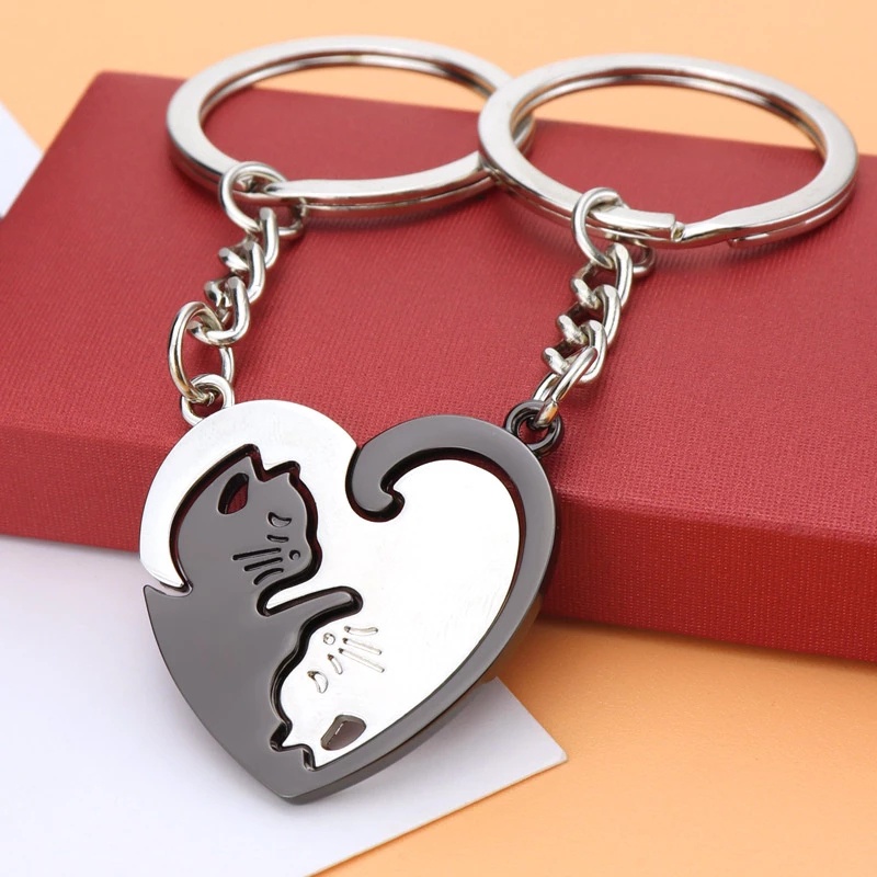 Gantungan Kunci Pasangan Pecinta Hati Bulat Lucu Berbentuk Kucing Keychain Dekorasi Liontin Wanita Gantungan Kunci Aksesoris Pria Stainless Steel Key Ring Untuk Mobil Keyring, Tas Kreatif