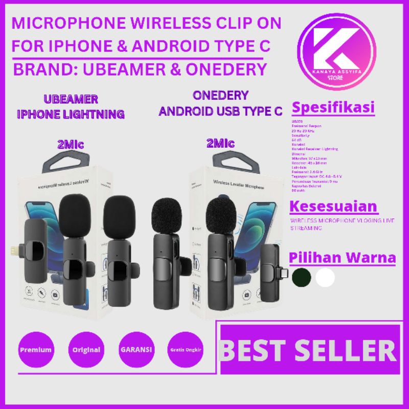 Wireless Microphone Clip On HP Android Type C Iphone Lightning Mic Clip On Wireless 2 Mic