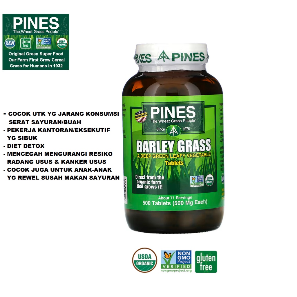 Pines Wheat Grass Tabs 500 Tablets Suplemen Rumput Gandum Detox Made In USA Organic Wheatgrass Multivitamin Greenfood Superfood