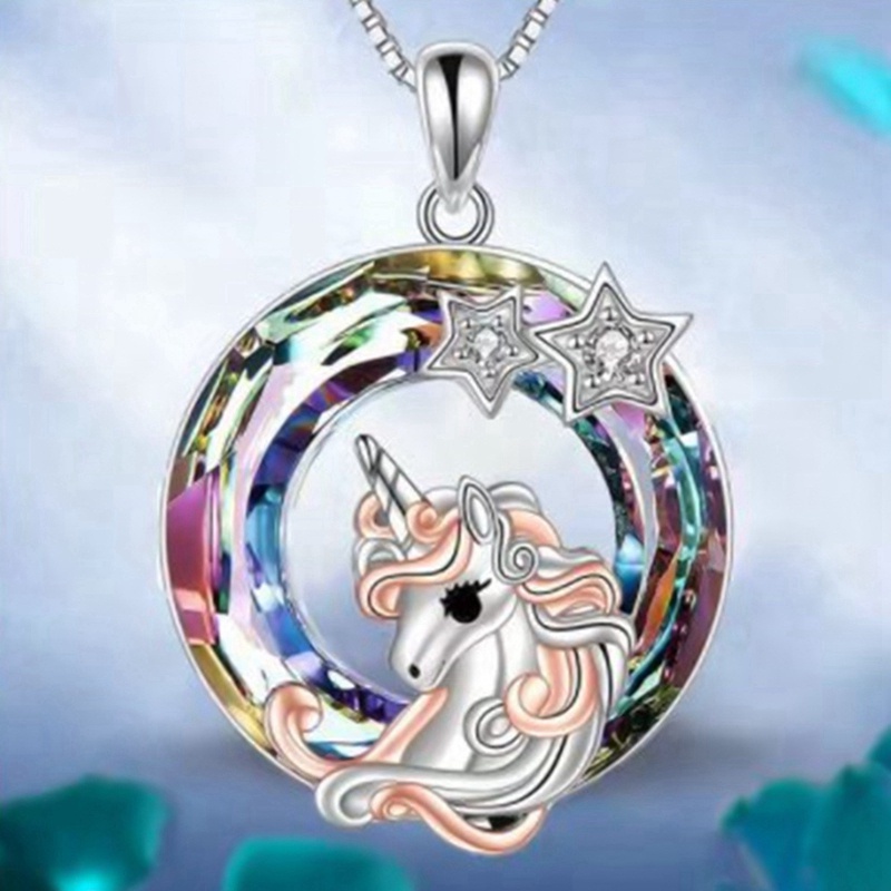 Unicorn Kalung Untuk Wanita Liontin Kristal Warna-Warni Dengan Bintang Cubic Zirconia Kalung Gadis Hewan Pesta Perhiasan Hadiah