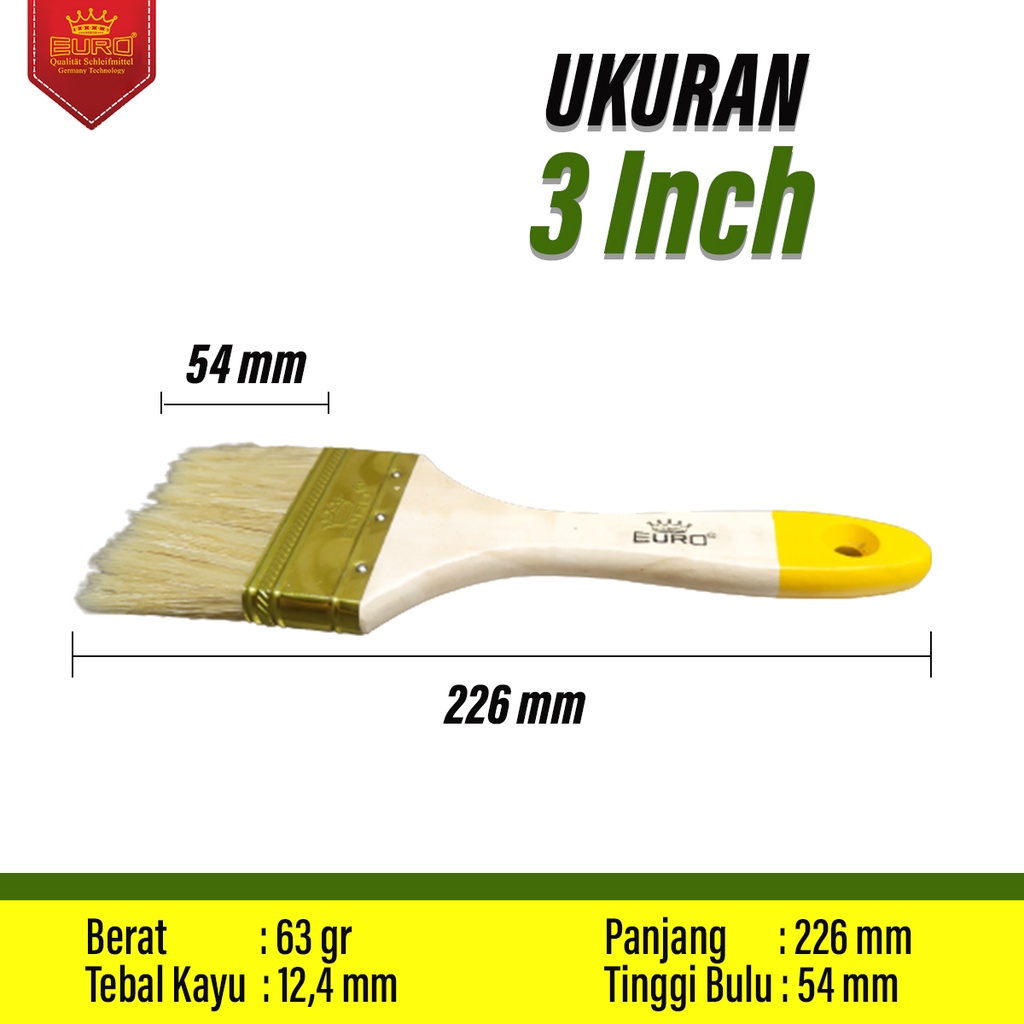 Kuas cat ukuran 3 inch tembok Kuas tangan dinding EURO 422 gagang kayu