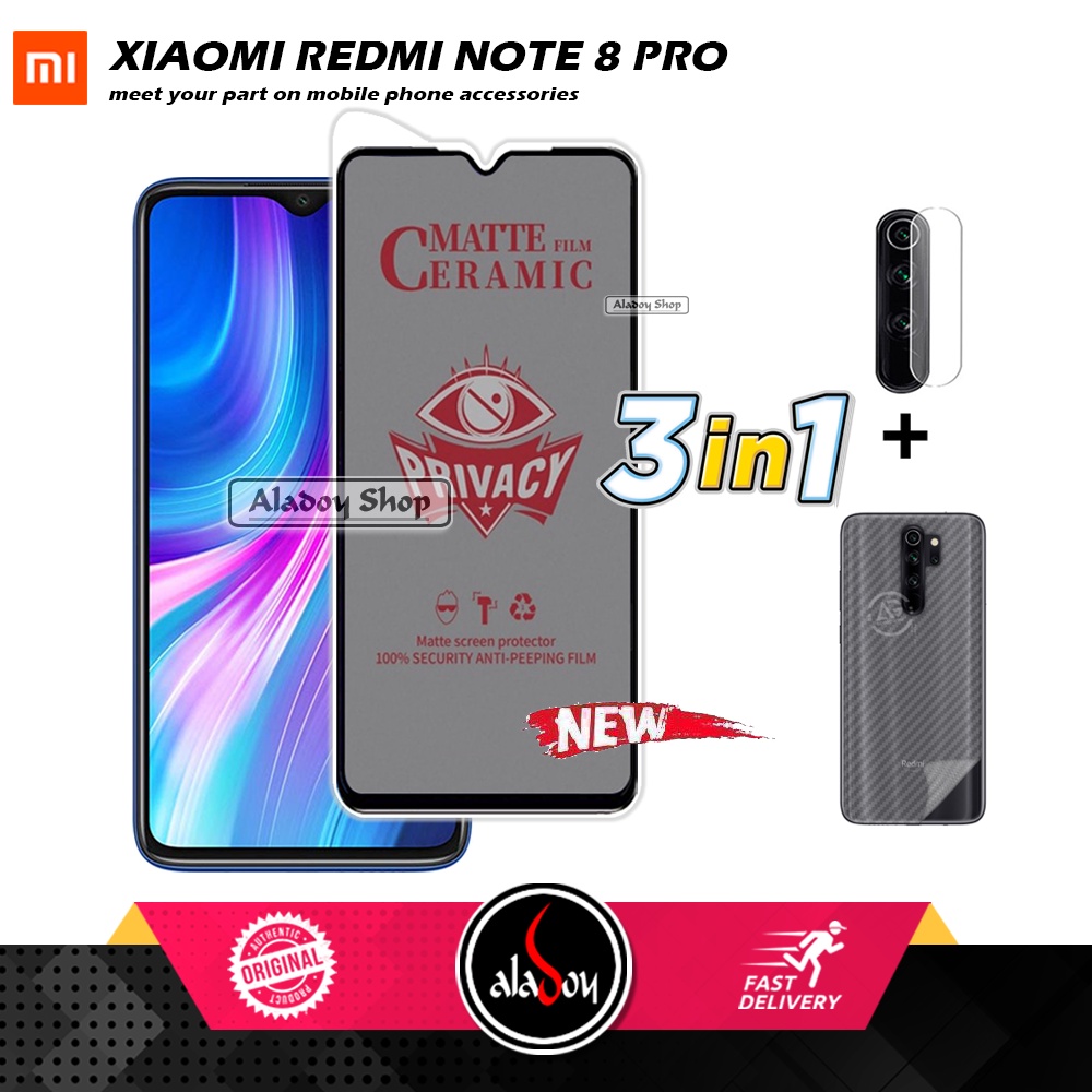 Tempered Glass Anti SPY Xiaomi Redmi Note 8 Pro Anti Gores Privacy + Tempered Glass kamera dan Skin Carbon