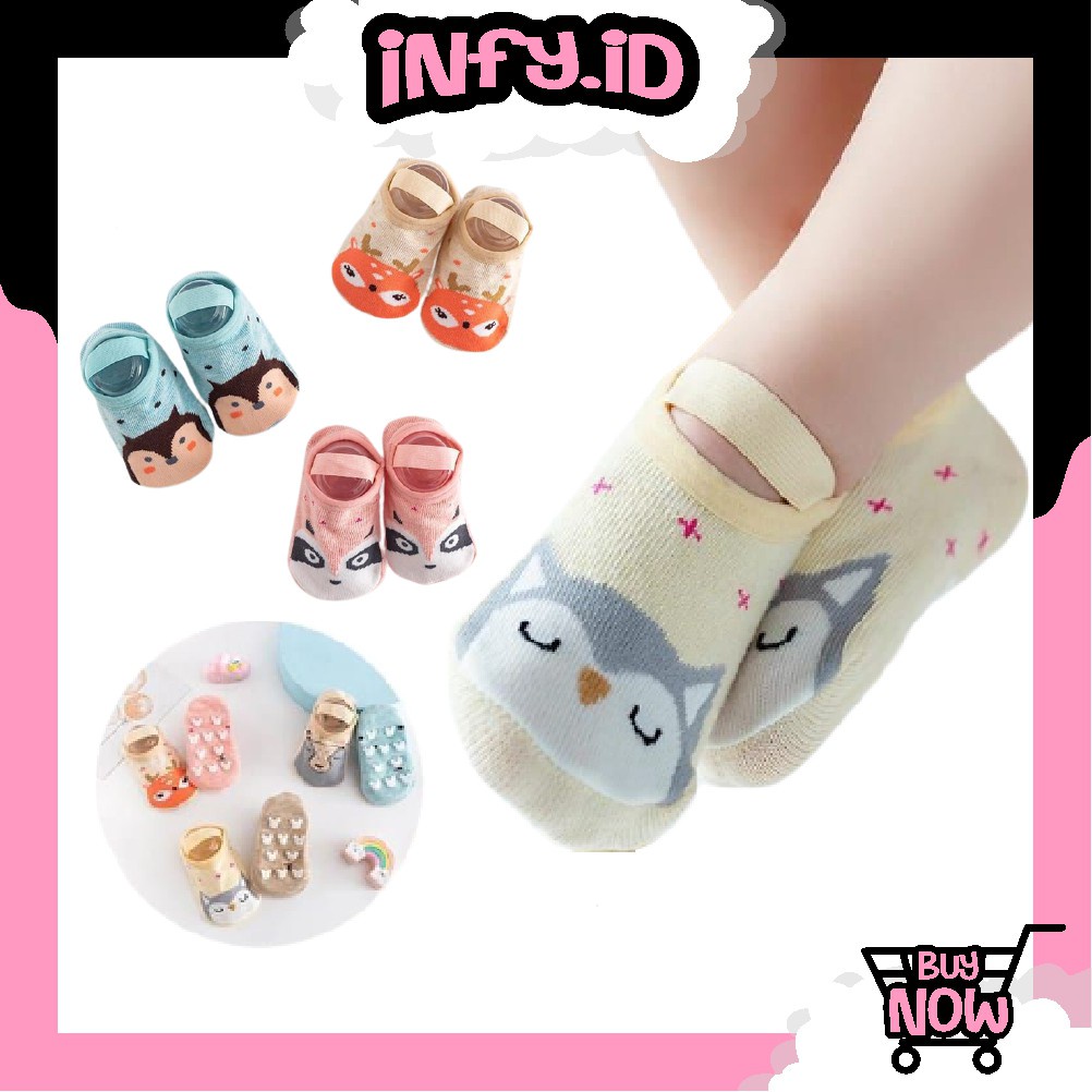 INFY - Kaos Kaki Ankle Dengan Strap Motif Kartun Hewan Bahan Katun Anti Slip untuk Bayi R307