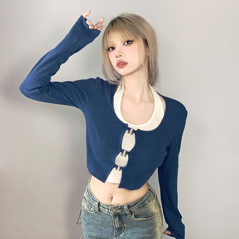 ✆☃Suhao Rapcopter American Hollow Kardigan Rajut T-shirt + Menggantung Leher Rompi Dua Potong Wanita Slim Hot Gadis Pendek top