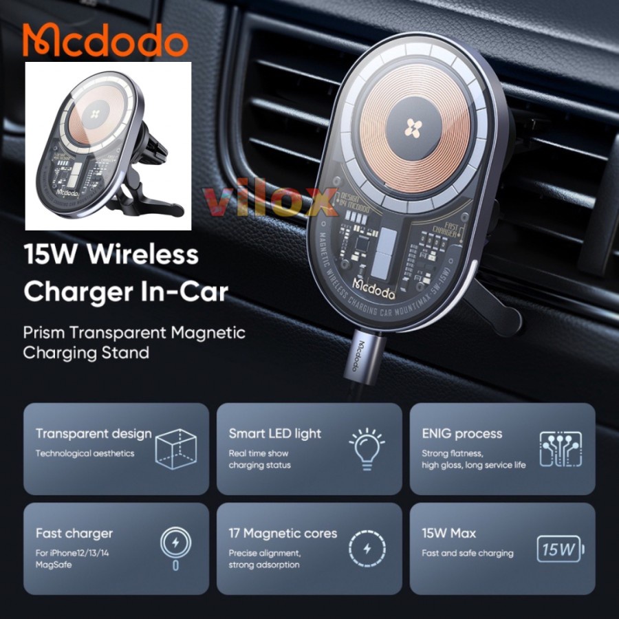 MCDODO Car Holder Wireless Magsafe 15W Anti Panas 19 titik Magnet Kuat