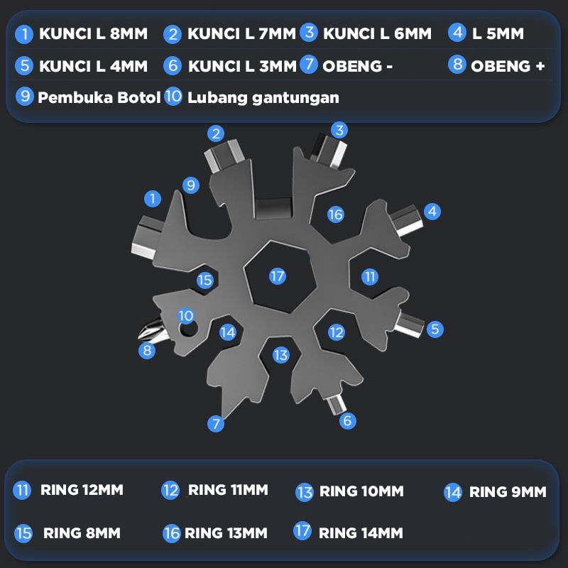 18 In 1 Gantungan Kunci Obeng Kunci Pas Multifungsi Bentuk Snowflake Bahan Stainless Steel