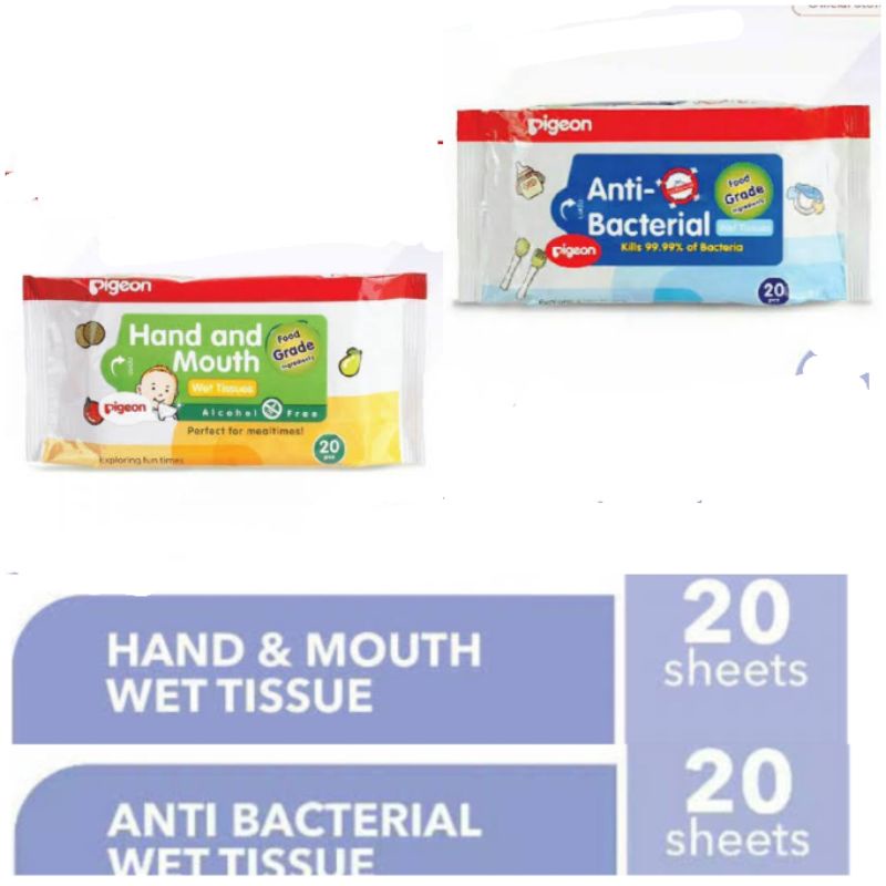 Pigeon Wet Tissue /  Hand &amp; Mouth Isi 20s - Anti Bacterial / Tisu Basah Bayi Tangan Dan Mulut