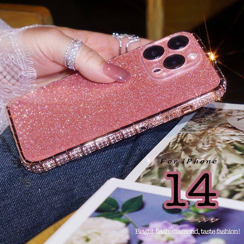 IPHONE Bingkai Bor Kepala Ular Logam Serbuk Glitter Akrilik Plat Belakang Casing Ponsel Untuk Iphone14 13 12 11 Pro Max Plus Penutup Berlian Mewah Untuk Iphone12Mini iPhone14Plus