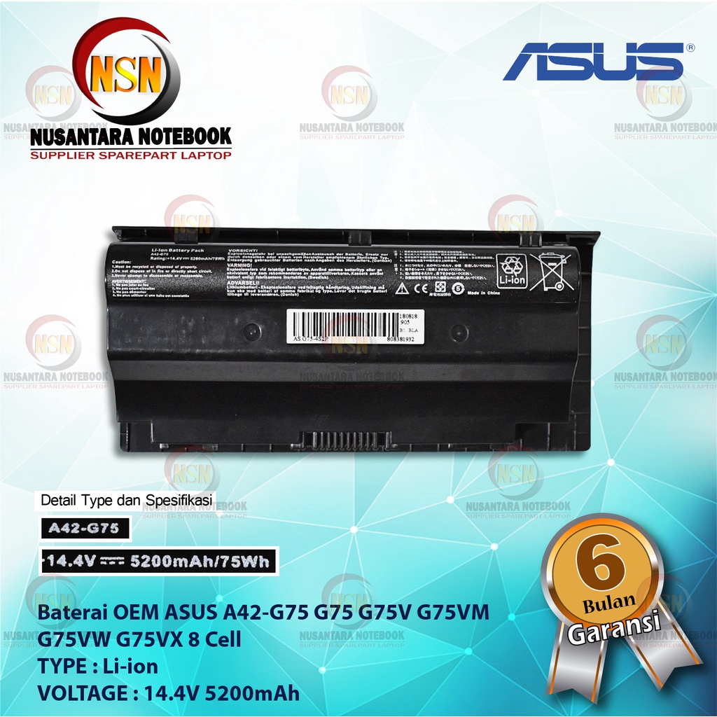 Baterai ASUS A42-G75 G75 G75V G75VM G75VW G75VX 8 Cell OEM Battery