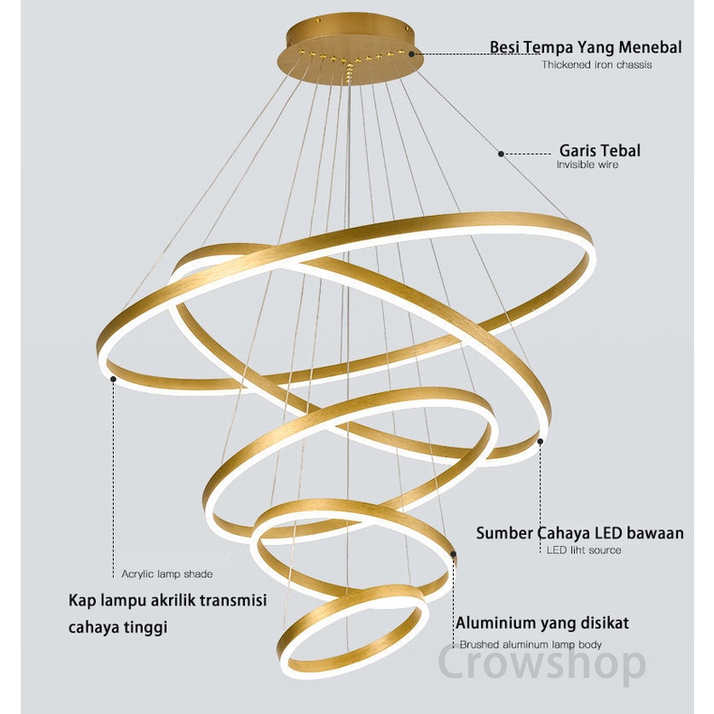 【Garansi 3 bulan】Lampu Gantung Ring LED 5 RING 100cm GOLD Minimalis Modern Ruang Tamu Untuk Kamar Tidur 180W Crowshop