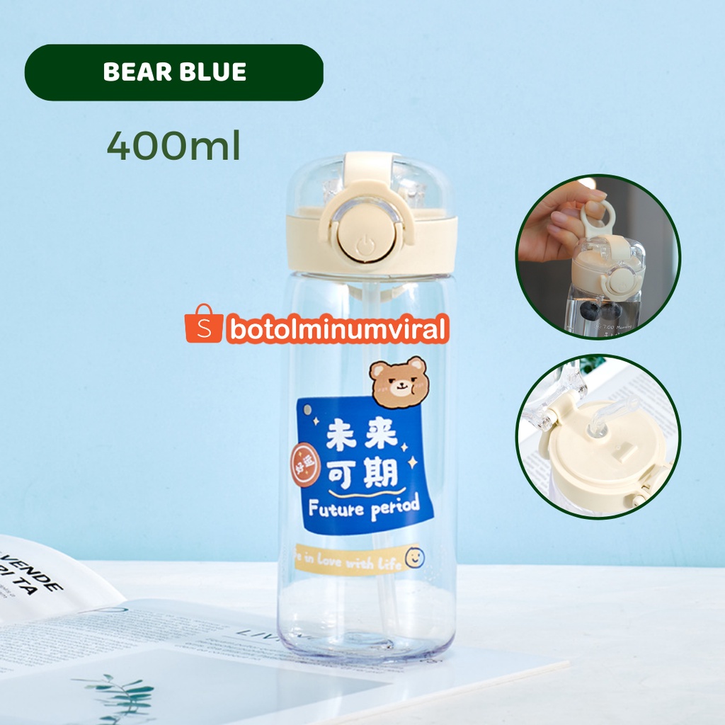 Botol Minum Anak Sedotan Karakter Dino Bear 400 ml BPA Free Lucu Impor Tutup Putih Bening