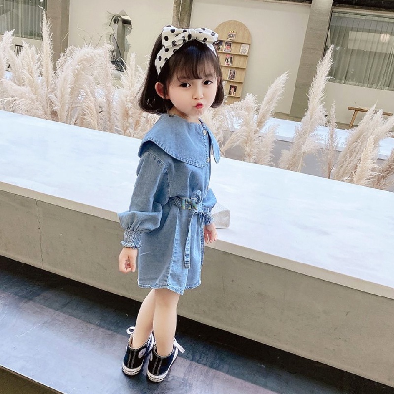 LNR Shop Dress Jeans Musim Semi Untuk Anak Perempuan Gaya Casual Gaun Kemeja Blouse Lengan Panjang 1 Sampai 10 Tahun Musim Gugur Gaun Jeans Anak-anak Perempuan Pakaian Denim Gadis Remaja Gaun Anak Perempuan Midi Dress Selutut