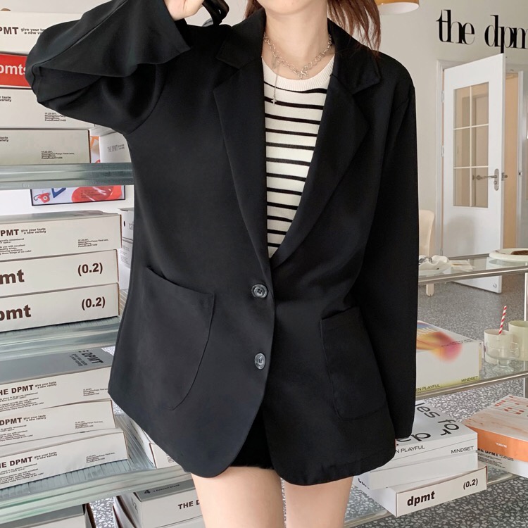 Blazer Wanita Korean Style Jaket Lengan Panjang Outer Basic Import Casual Kekinian Blezer Hitam Retro Jaket