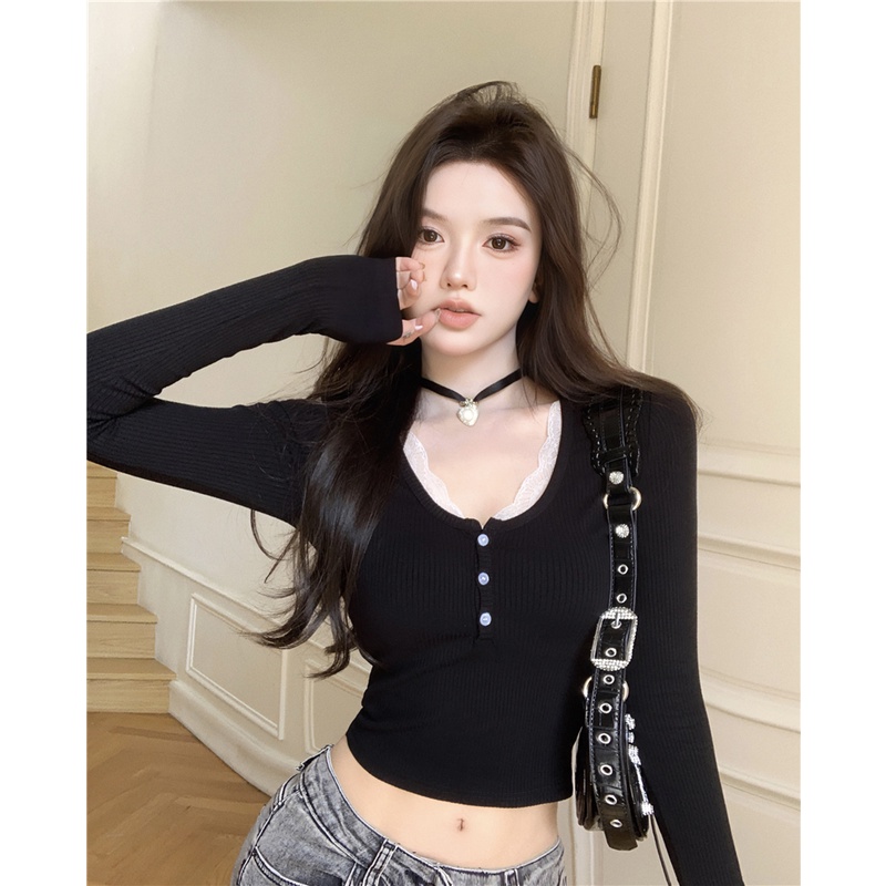 №❀Suhao biru u-leher lengan panjang T-shirt wanita musim gugur keinginan murni gaya renda jahitan desain rasa diri budidaya batin bottoming kemeja top