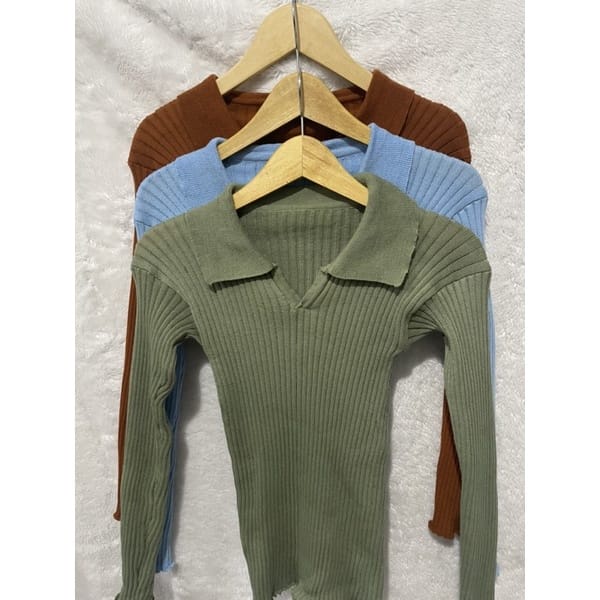atasan wanita terbaru/longslevee korea fit body//Baju atasan wanita berkerah polo bahan rajut