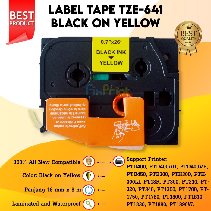 Brother Label Tape TZE-641 18MM Black ON Yellow Printer PT1900, PT1910