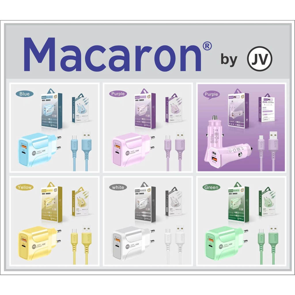 charger macaron JV fast charging output 1 usb  + 1usb c qualcoom 0.3 casan android micro dan type-c