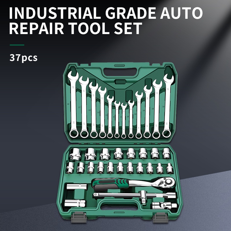 ISKU Tool kit Set alat Kunci Sok set 37 pcs kunci pas Set 12pcs 8-19mm 1/2 kunci Mata Sok lengkap Kombinasi 1/2 72gigi Gagang ratchet Alat Perbaikan Mobil Toolbox/Kunci Set