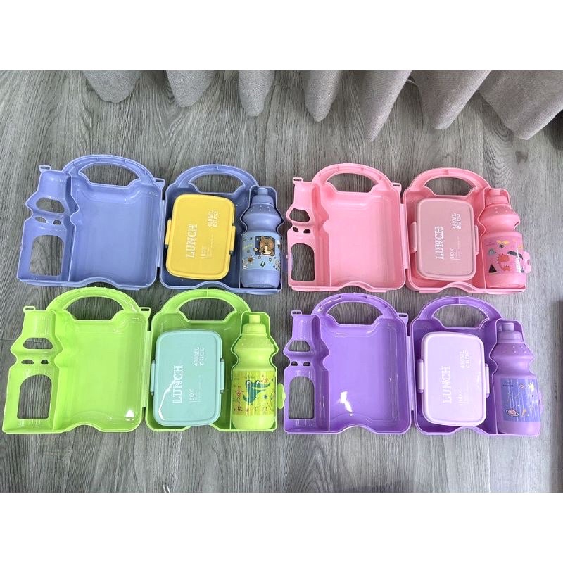 KOPER TEMPAT MAKAN DAN BOTOL MINUM SET  - LUNCH BOX WARNA - KOTAK MAKAN 2IN1 FREE SENDOK GARFU - SOUNVENIR HAMPERS KOTAK MAKAN WARNA WARNI LUCU ANAK