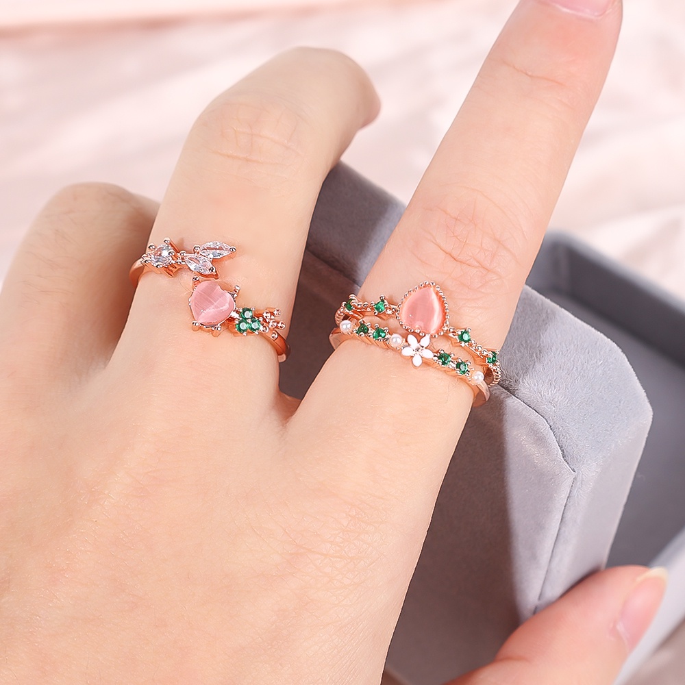 Hadiah Yang Indah Halus Wanita Cincin Pesta Terbuka Yang Dapat Disesuaikan Manis Perhiasan Fashion Wanita Elegan Jepang Korea Jari Cincin Sederhana Berlian Imitasi Mutiara Halus Tipis Lucu Merah Muda Cinta