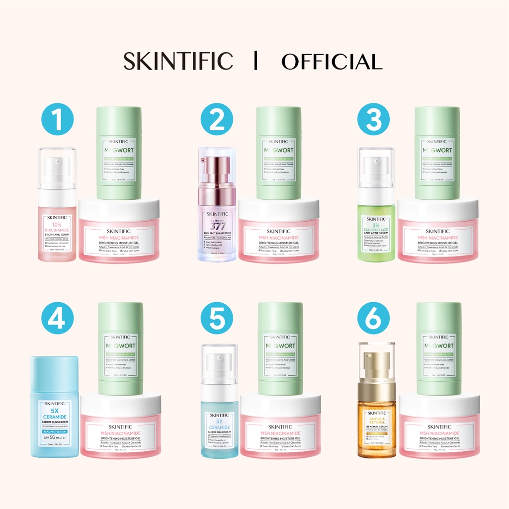 SKINTIFIC 3PCS Paket Skincare Ance&Glowing Set Mugwort Acne Clay Stick+Brightening Moisturizer+Serum