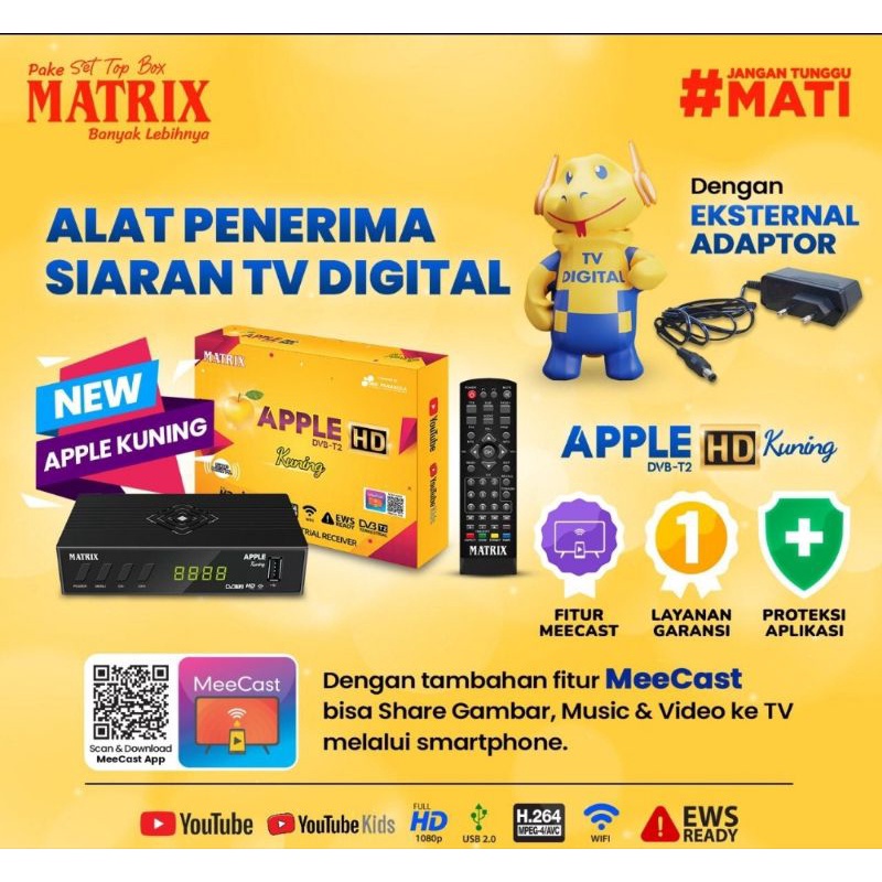 Set Top Box STB DVB-T2 Matrix Merah Kuning Apple HD, Evercross super HD Antena UHF DVBT2 DVBC