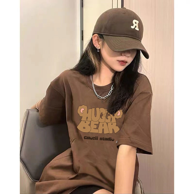 4 warna 100% Katun Graphic Tee Baju Wanita Letter Atasan Wanita Oversize Kaos Putih T-shirt Couple Korean Style/Baju coklat