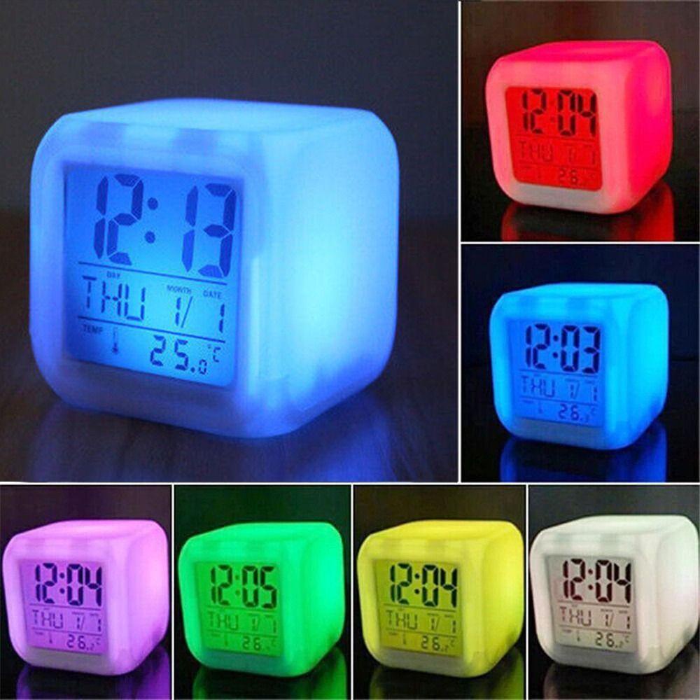R-flower Jam Weker LED Meja Samping Tempat Tidur Anak 7warna Digital Night Light