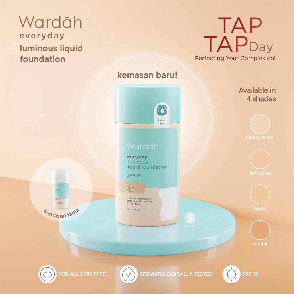 WARDAH Everyday Luminous Liquid Foundation Indonesia / Foundation Cair Wajah 35ml / SPF 15 Cover Imperfectiona With Semi Matte Finish Extra Moist White Light Beige Natural / Coverage Moisturizing Membabkan / Cosmetic Face Makeup Make Up Every Day Series