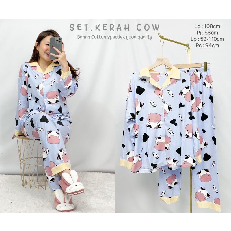 MDLV ~ Baju Tidur Piyama Set Kerah Cow PP Blue Katun Spandek Good Quality