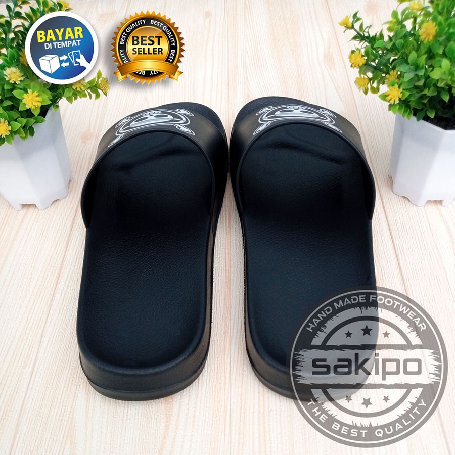 PROMO 1.1 MANTUL SALE !! SANDAL DISTRO KEREN KEKINIAN PRIA DEWASA REMAJA SLIDE HITAM MOTIF TENGKORAK LUFFI ONE PEACE / SAKIPO