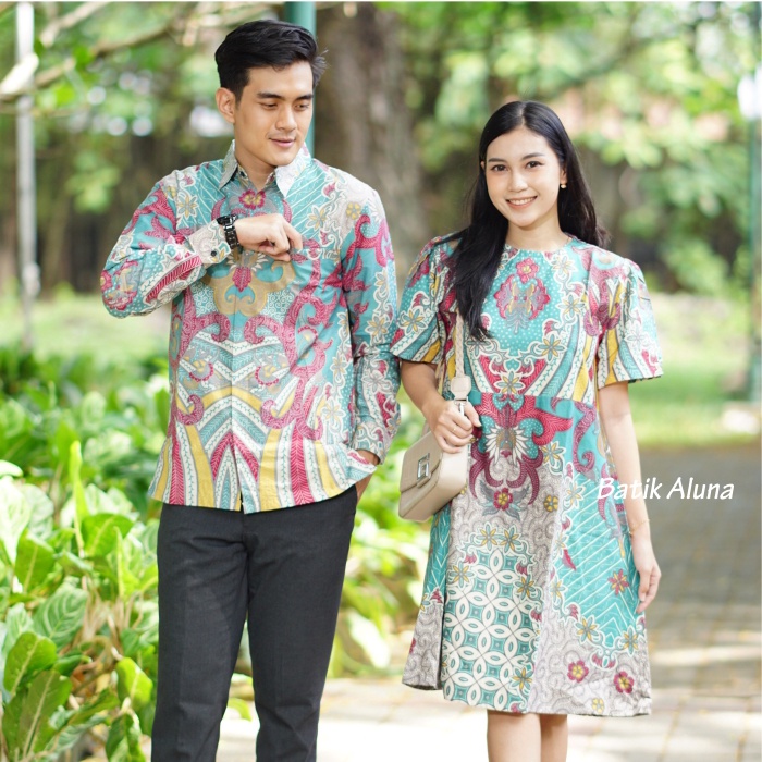 Couple Batik Premium Dress Dan Kemeja Lengan Panjang Full Trikot Premium BY FASHION BATIK ALUNA