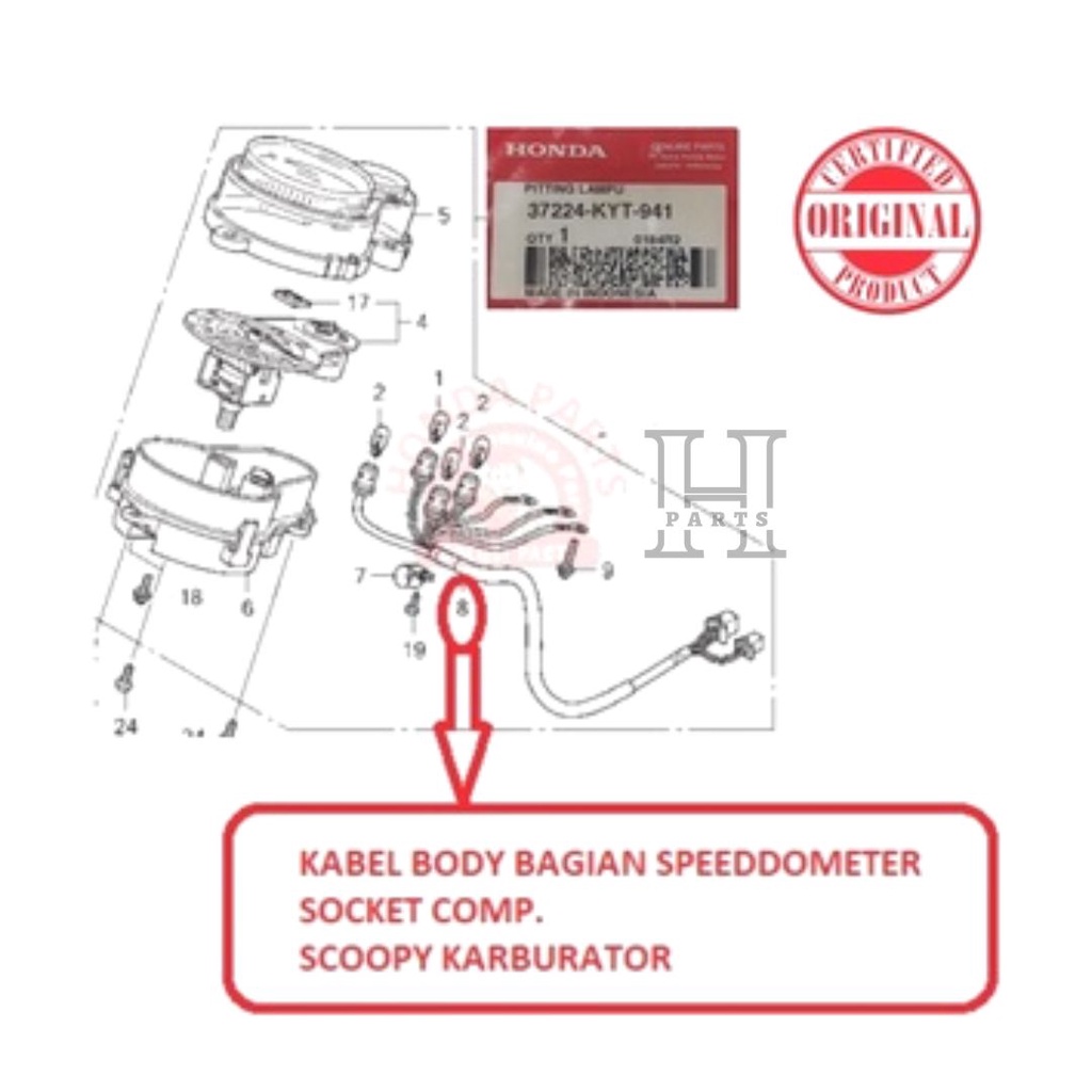 KABEL BODY BAGIAN SPEEDOMETER SOCKET COMP PITTING LAMPU SCOOPY KARBURATOR 37224-KYT-941 ORIGINAL AHM HONDA HGP