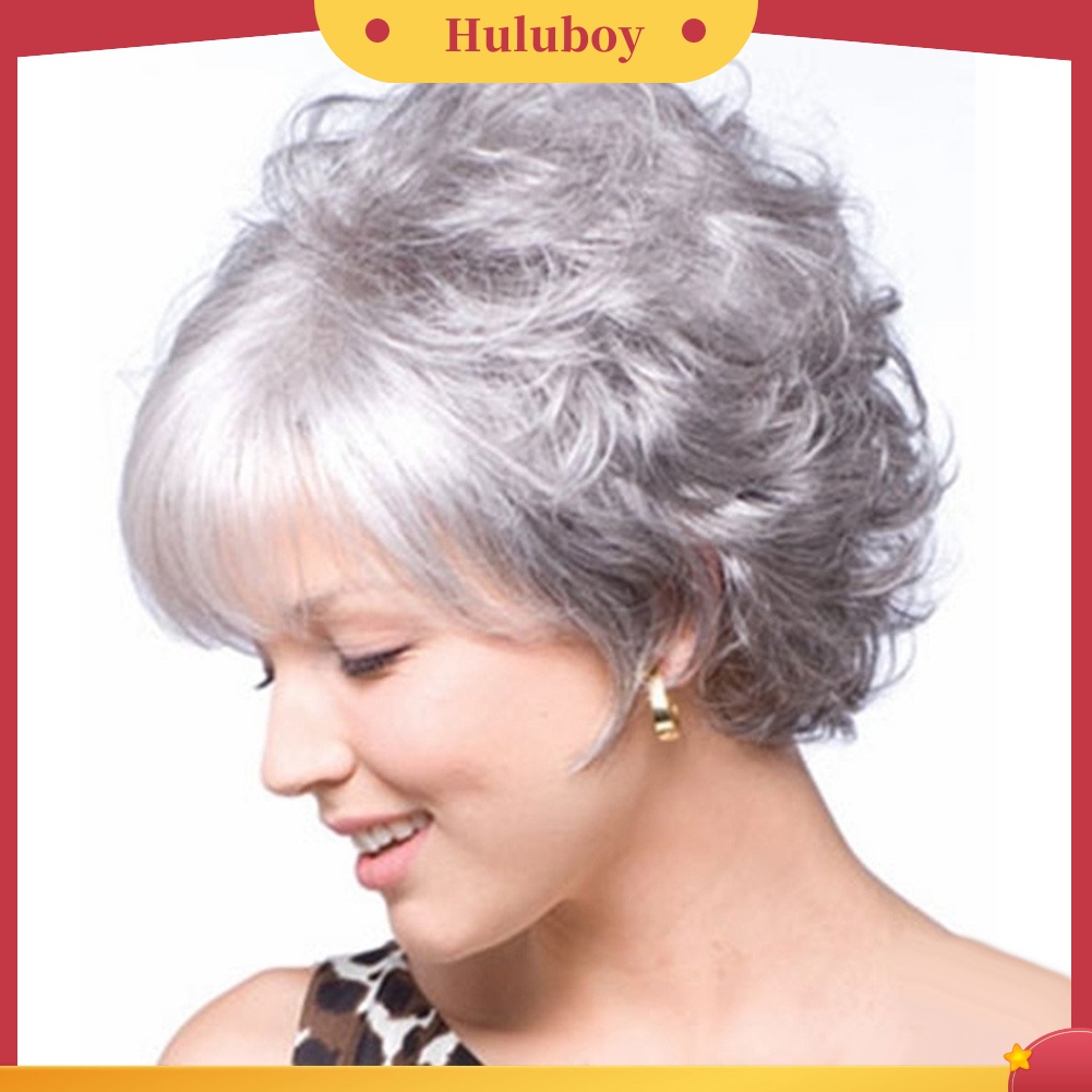 Wig Rambut Sintetis Model Pendek Keriting Warna Abu-Abu Untuk Wanita