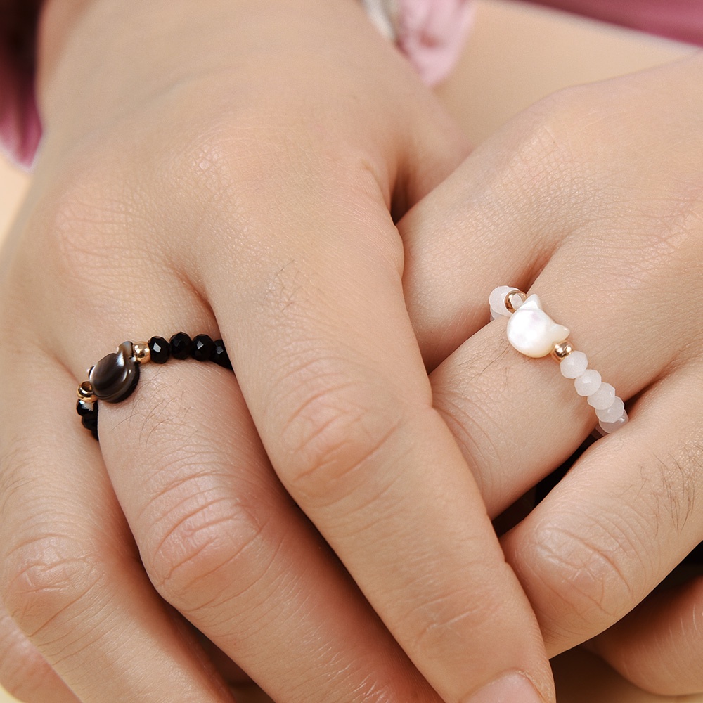 Cincin Jari Kristal Imitasi Kristal Sederhana Wanita Ladies Pria Adjustable Terbuka Hitam Putih Mutiara Kucing Rings Fashion Perhiasan Pasangan Rings Hadiah Yang Indah Elegan