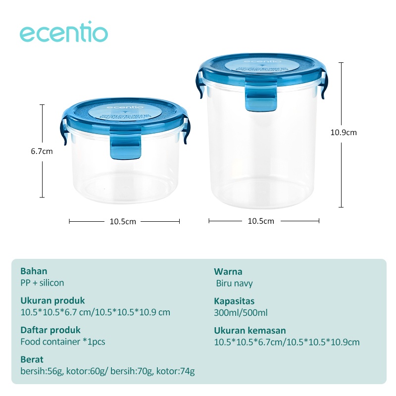ecentio Toples Kotak Food Storage Jar Container Box Tempat Bayi Kotak Tempat Makan Bulat Penyimpanan Anti Bocor Bening PP 300ml/500ml