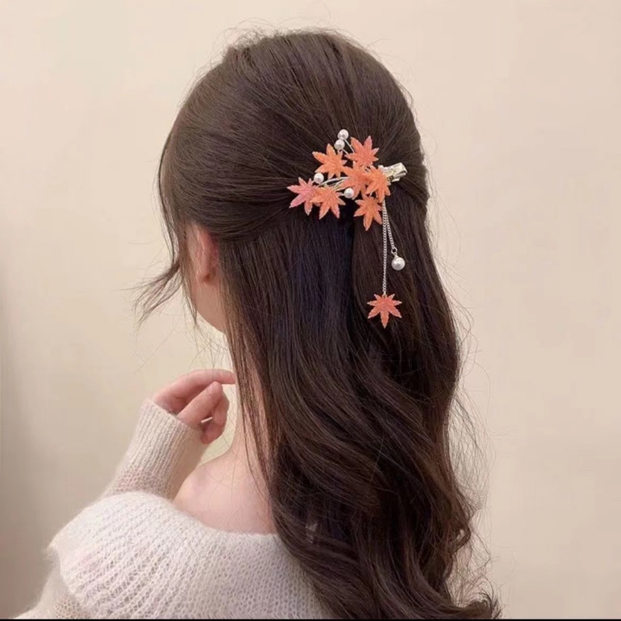 Korea Baru Daun Maple Mutiara Rumbai Jepit Rambut Wanita Alloy Hair Clip Side Clip Aksesoris Rambut