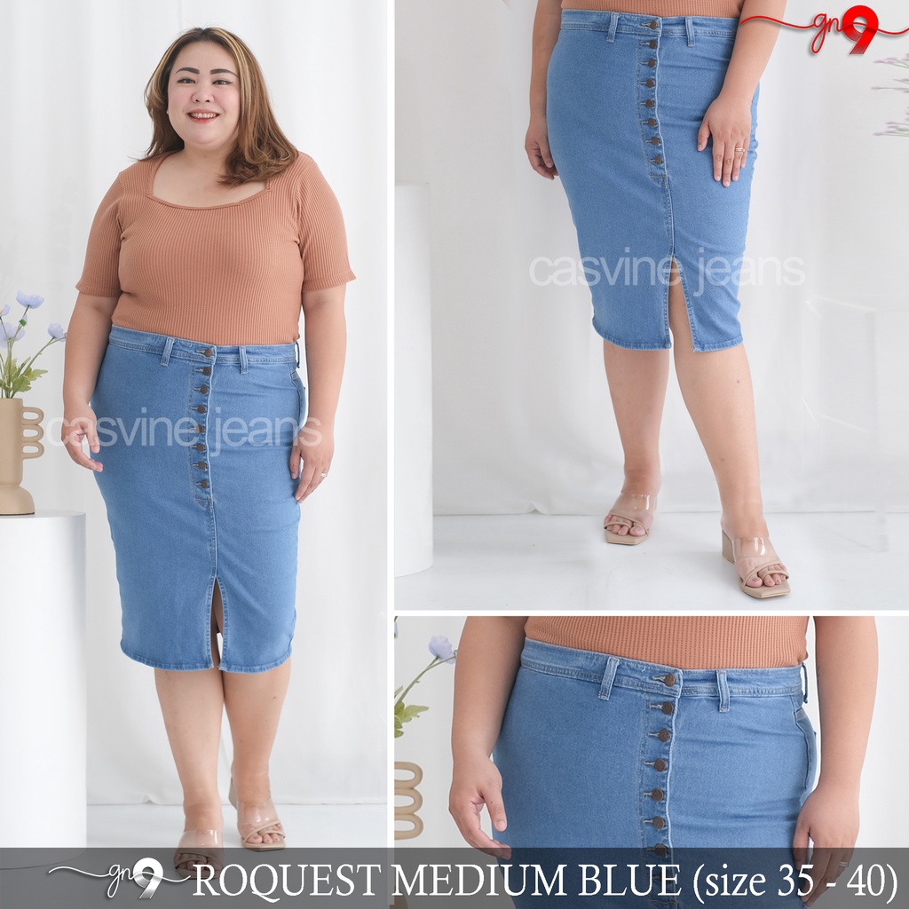 Rok Jeans Wanita Cewek Stretch Kancing 8 Roquest Skirt Ada Bigsize Jumbo